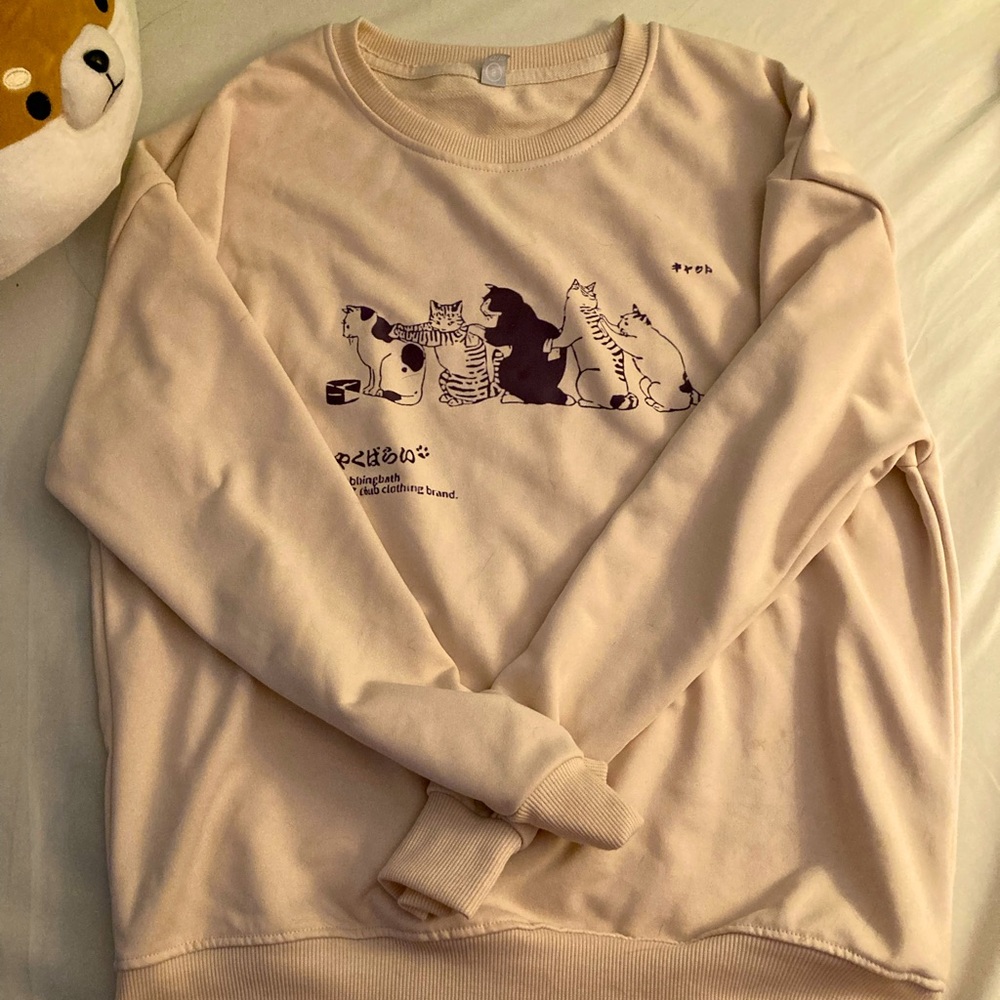 Korean Round Neck Kitten Print Loose Pullover
